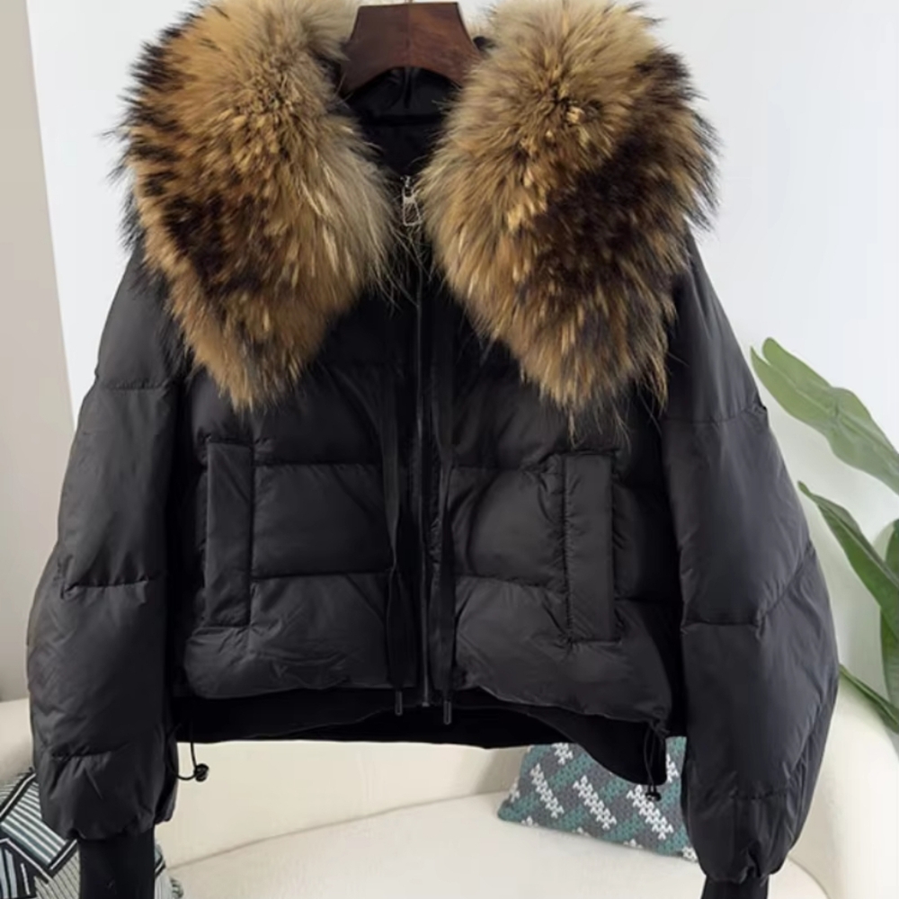 Natural Real Big Raccoon Fur Collar Winter Jacket Women Loose - Picture 2 of 4